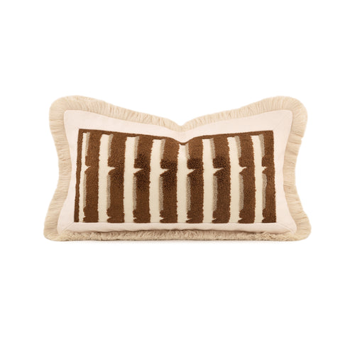 fall season home deco decorative throw pillow with a cream and brown striped pattern on the front, finished with a fringed border, shown against a plain white background.