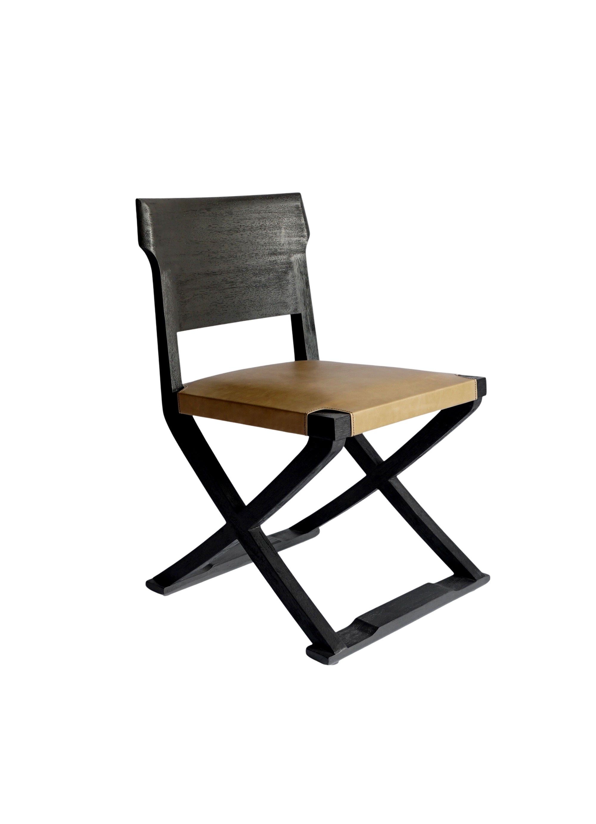 Chair with black frame and wooden seat Solid Rubber wood & Natural Leather Folding-Style Chair