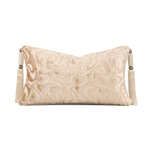 Champagne‑Beige Cut‑Velvet Tassel Lumbar Pillow Goose Feather Filled Waist Cushion for Sofa Bed Home Decor