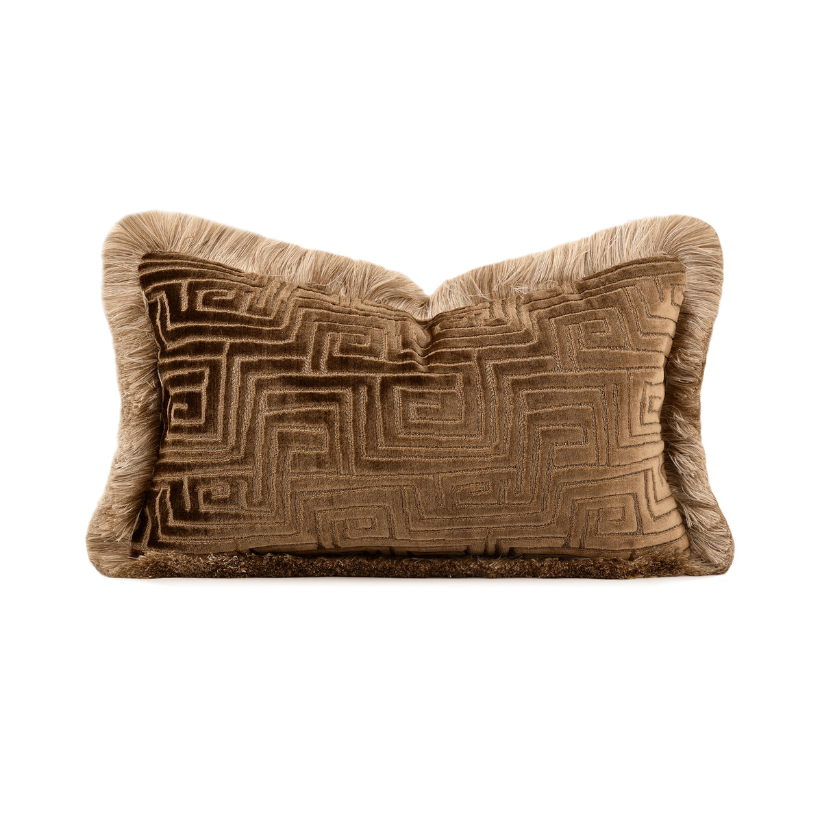 fall season decor with this brown coffee geometric cut‑velvet lumbar pillow. A rich textured accent cushion perfect for homey apartment, living room & bedroom styling, filled with goose feather