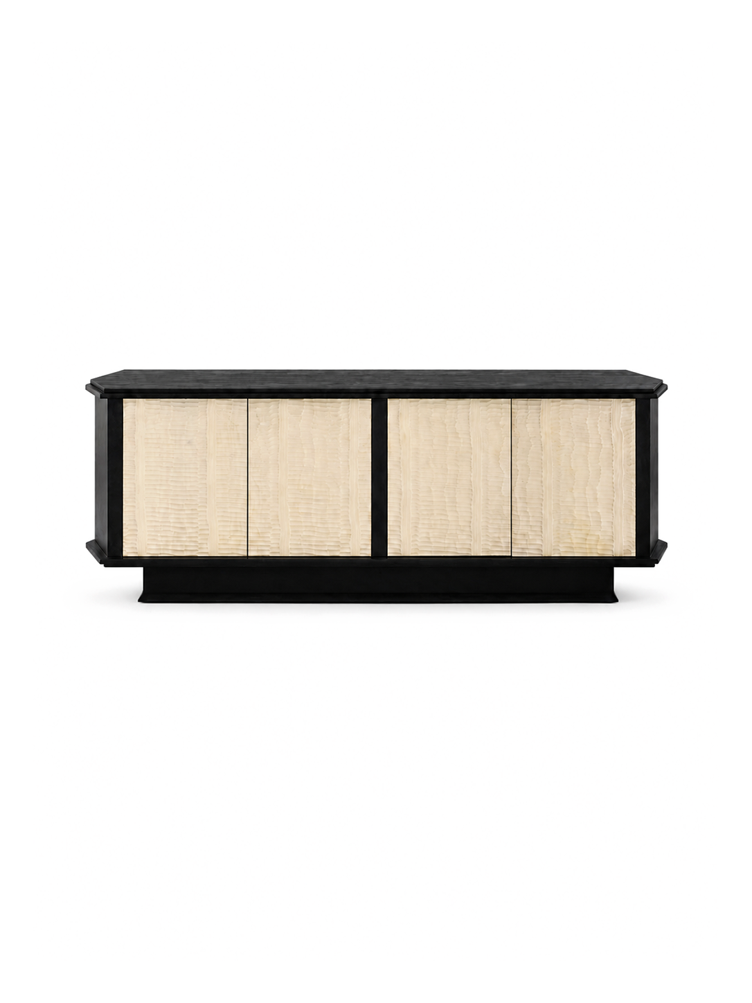 Premium hand‑carved wabi‑sabi solid wood sideboard made of black‑finished white ash wood with open paint finish. Large long oriental storage cabinet with textured carved cabinet doors, luxury console table perfect for living room, entryway and dining area, fully assembled high‑end statement side cabinet.