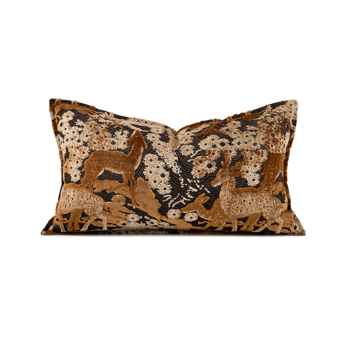 fall season decor with this dark brown deer and botanical pattern lumbar pillow. A warm vintage luxury accent cushion perfect for homey apartment, living room & bedroom styling, filled with goose feather