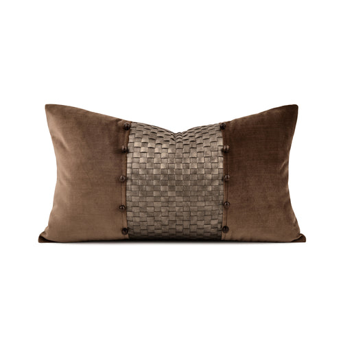 Dark Brown Woven Patchwork Textured Velvet Lumbar Pillow Goose Feather Filled Waist Cushion for Sofa Bed Home Decor