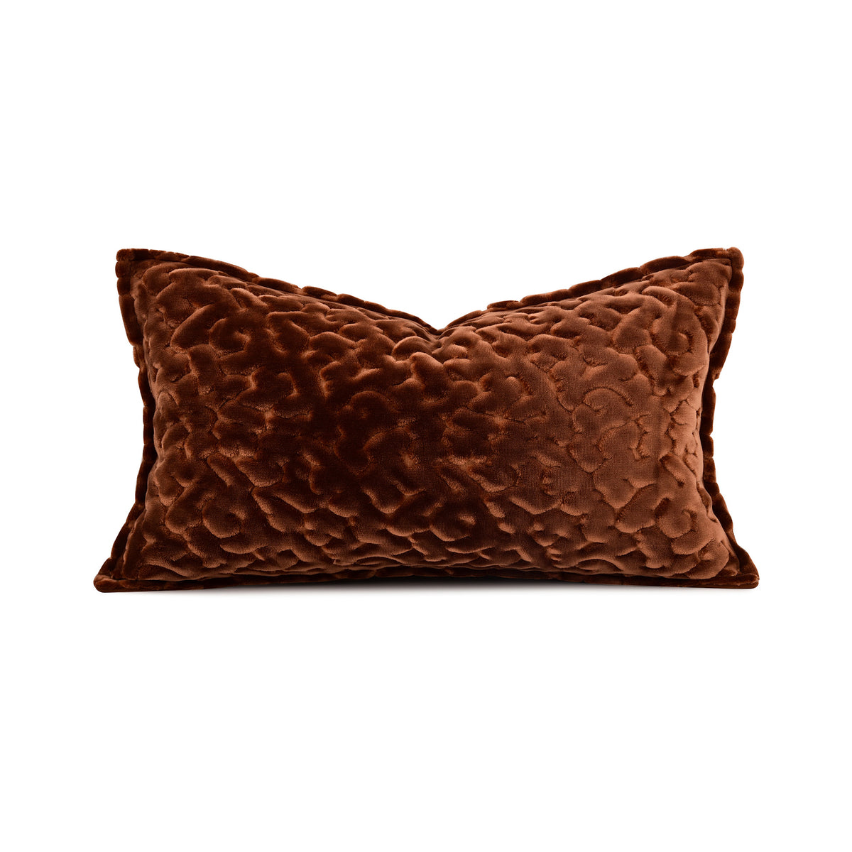 Rich chocolate‑brown carved velvet lumbar cushion with raised embossed motifs, premium goose‑feather insert. Elegant warm accent pillow for fall season decor, sofas, beds and vintage‑modern home spaces.
