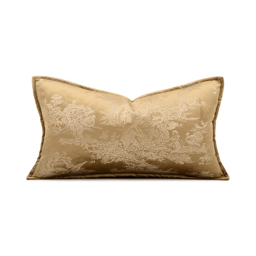 Ginger‑Gold Scenic Jacquard Velvet Lumbar Pillow Goose Feather Filled Waist Cushion for Sofa Bed Home Decor