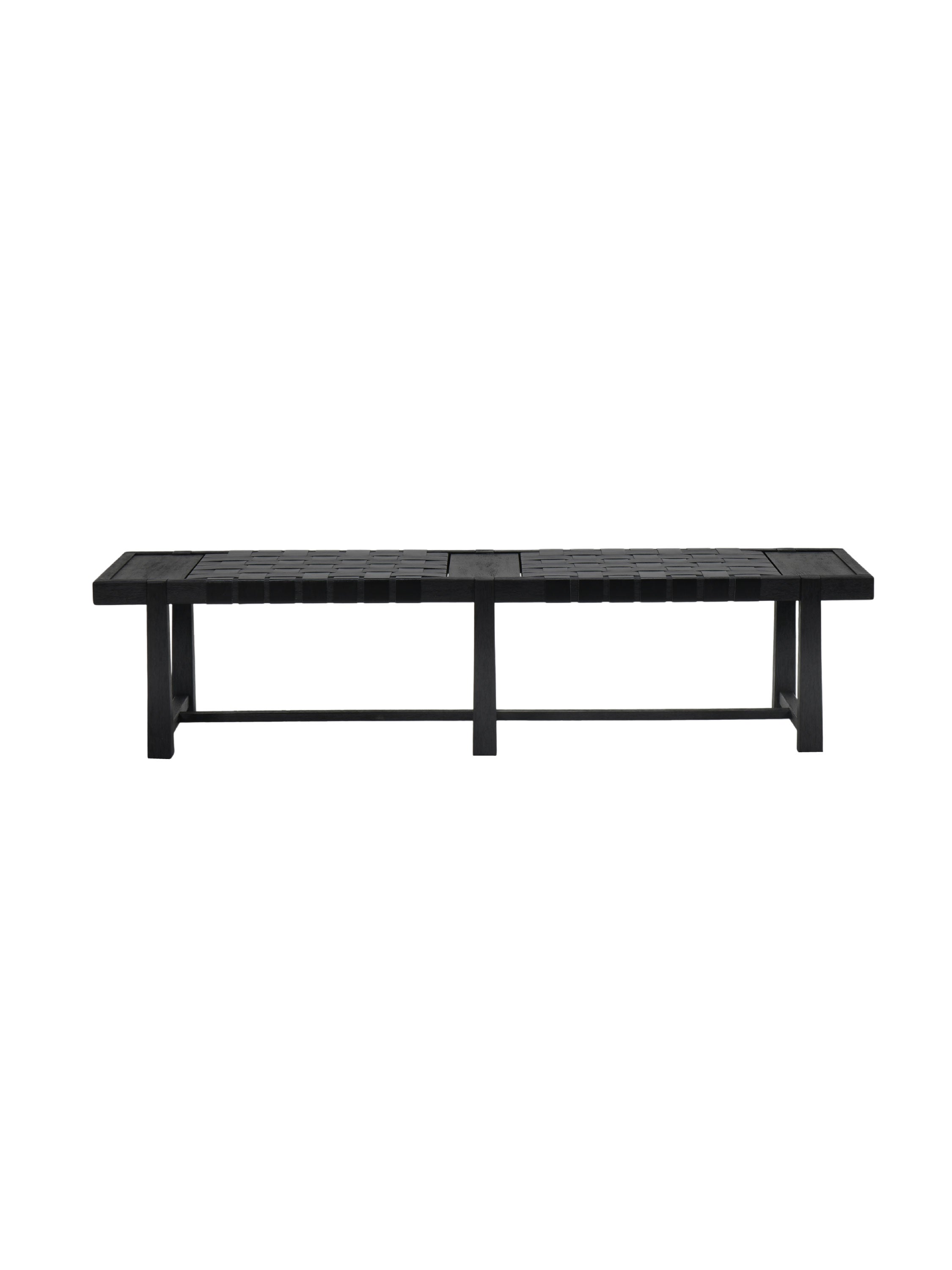 Black metal vehicle bumper Hand-Woven Leather & Solid Rubberwood Indoor Bench