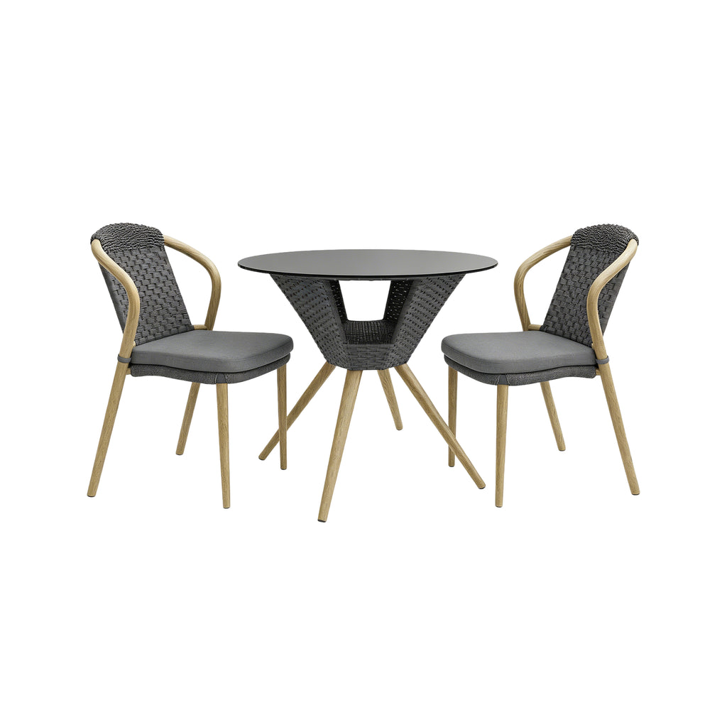 Round table with two wicker chairs, hotel rooftop lounge furniture supplier, custom cafe terrace furniture,  outdoor chair lounge set
