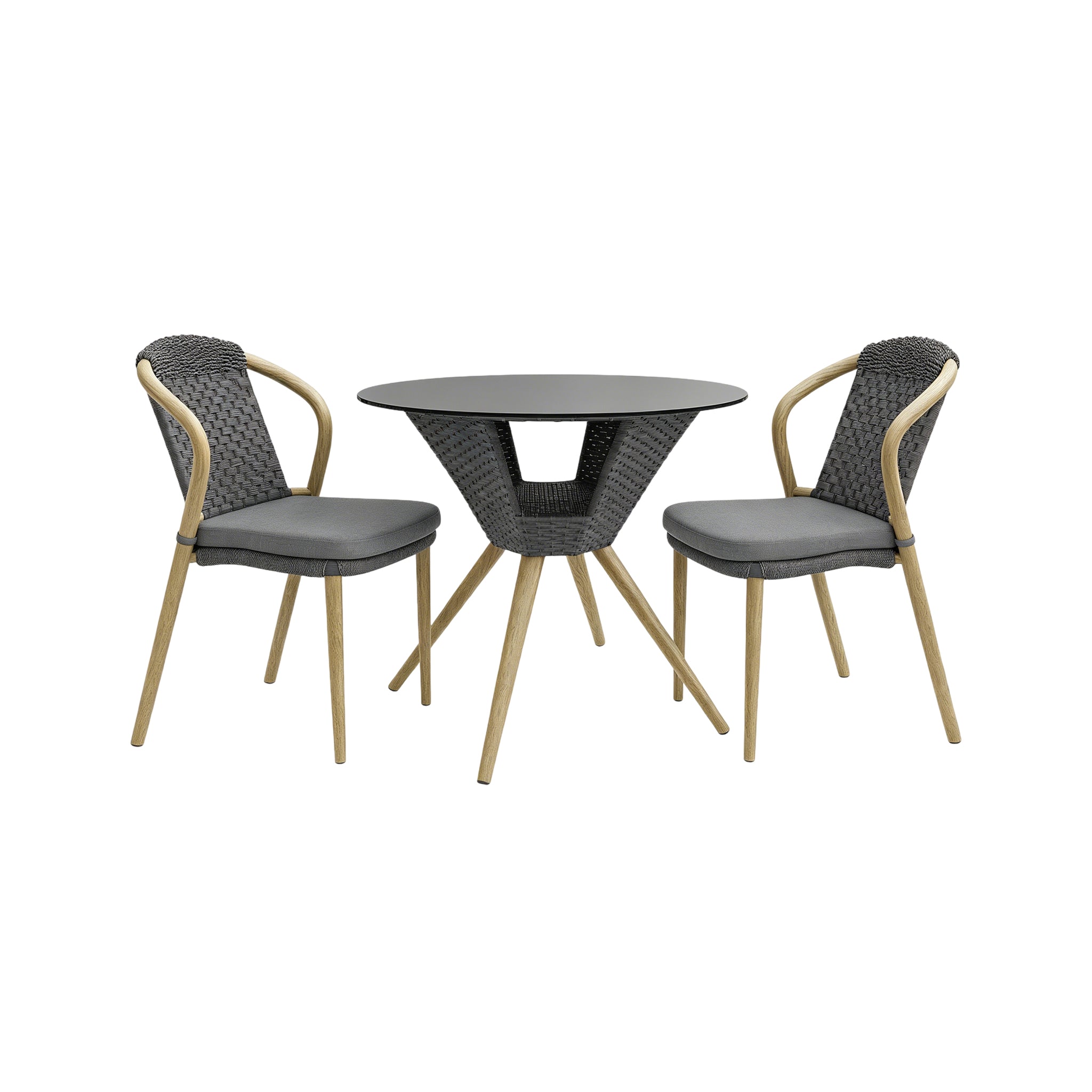 Round table with two wicker chairs, hotel rooftop lounge furniture supplier, custom cafe terrace furniture,  outdoor chair lounge set