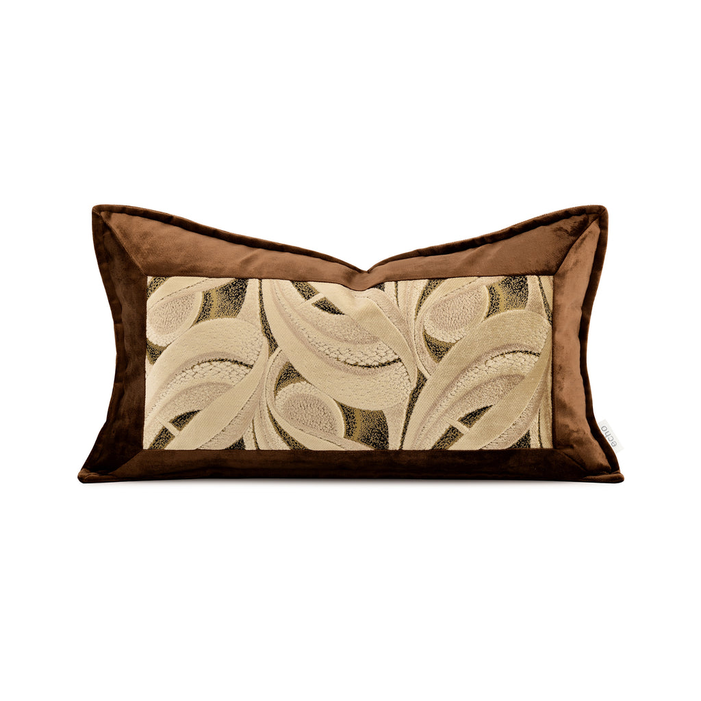 Y1235 orange‑coffee botanical cut‑velvet lumbar pillow, 30cm × 50cm, polyester‑cotton cover with goose feather filling. Multi‑scene waist support & home decor cushion, ships in 5‑7 working days.