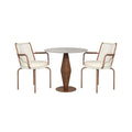 Two chairs with white cushions and wooden frames are placed around a round table with a wooden base 
