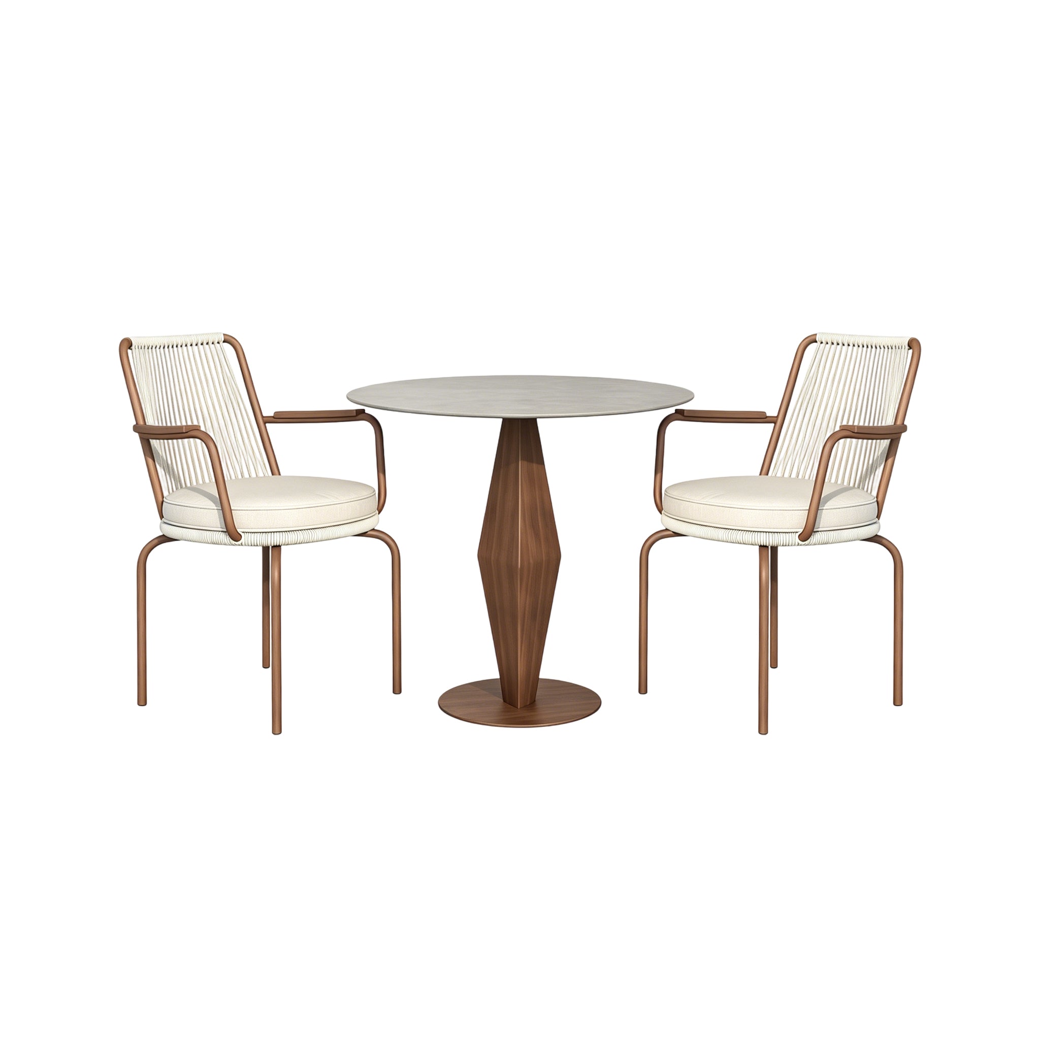 Two chairs with white cushions and wooden frames are placed around a round table with a wooden base 
