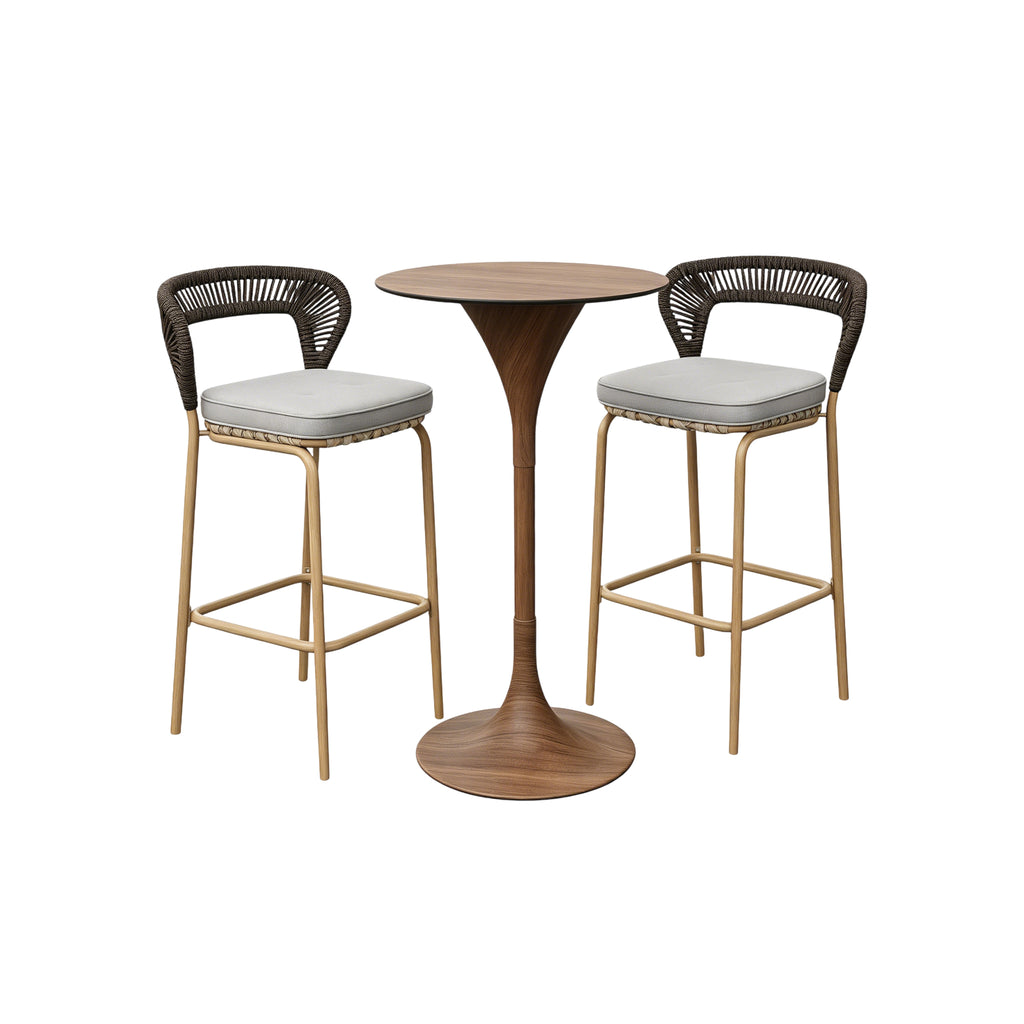 Two bar chair with woven backs and cushioned seats, paired with a wooden bar table.「Black Walnut」Outdoor Lounge Bar Set