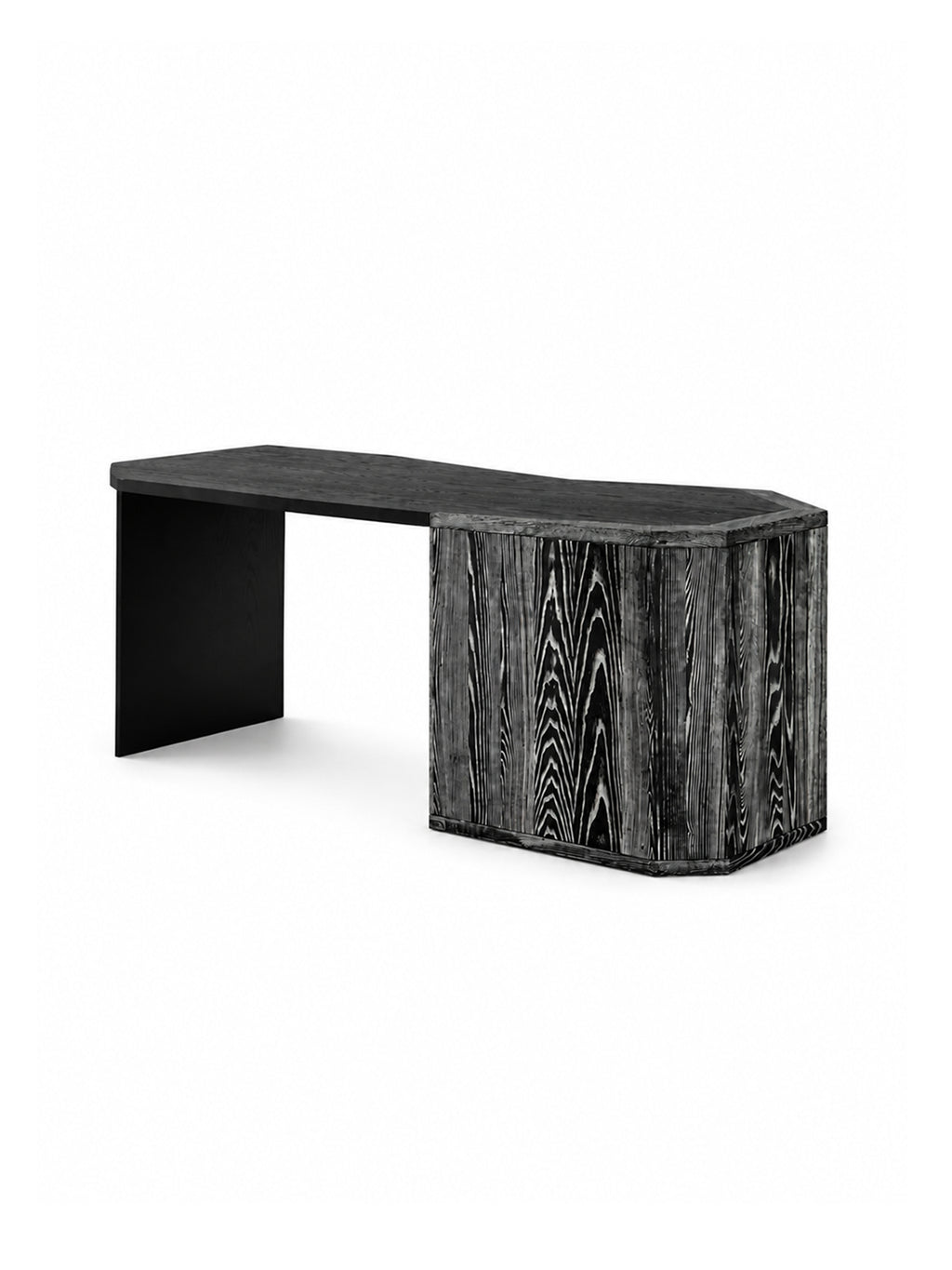 Large sculptural solid ash wood writing desk featuring washed‑white treatment and matte black open‑grain finish. Nature‑inspired organic modern home‑office work table with balanced light‑and‑heavy silhouette, fully assembled premium statement furniture.
