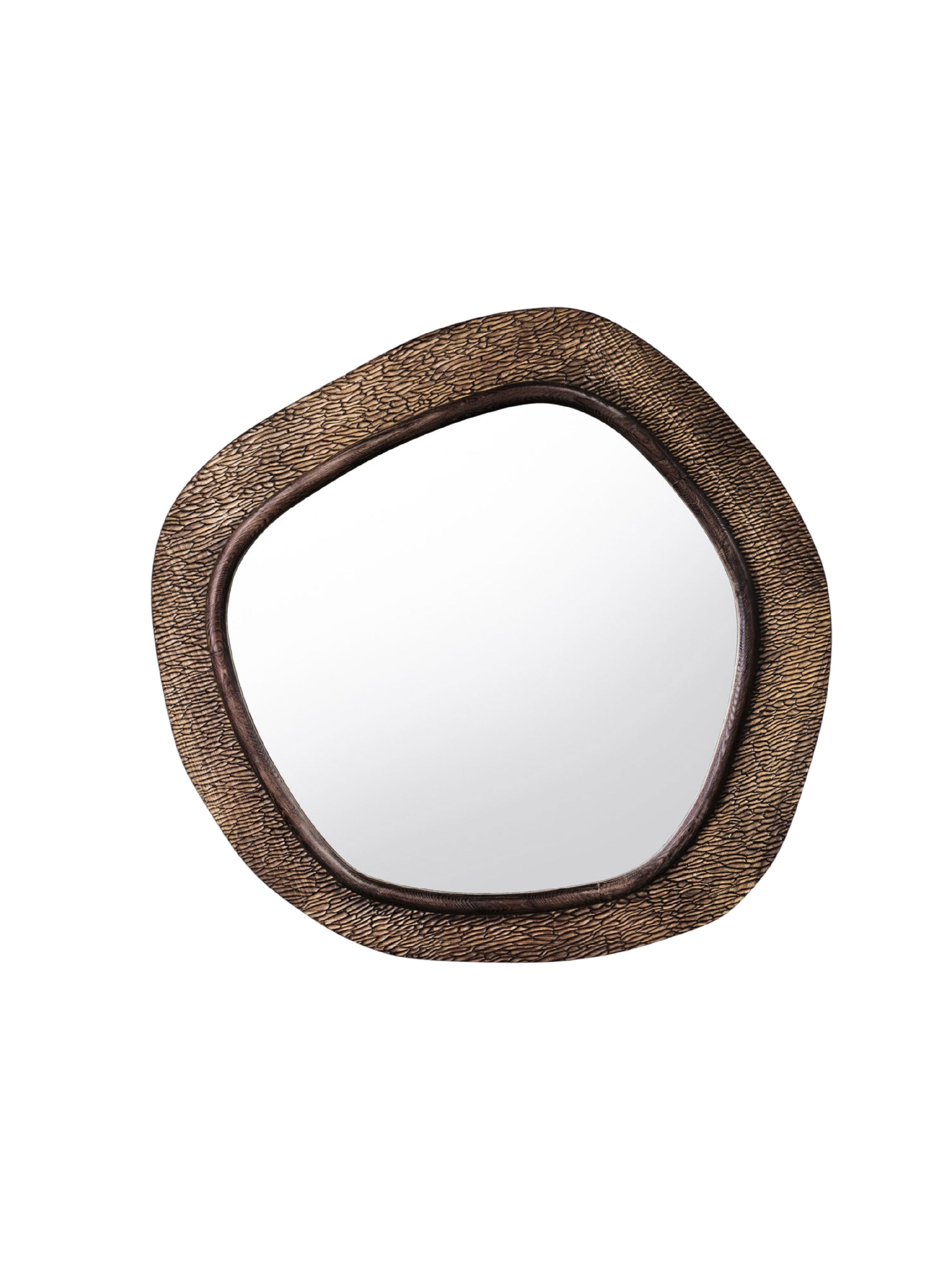 Round mirror with a textured brown frame The Organic | Hand-Carved Pine Wood Decorative Mirror