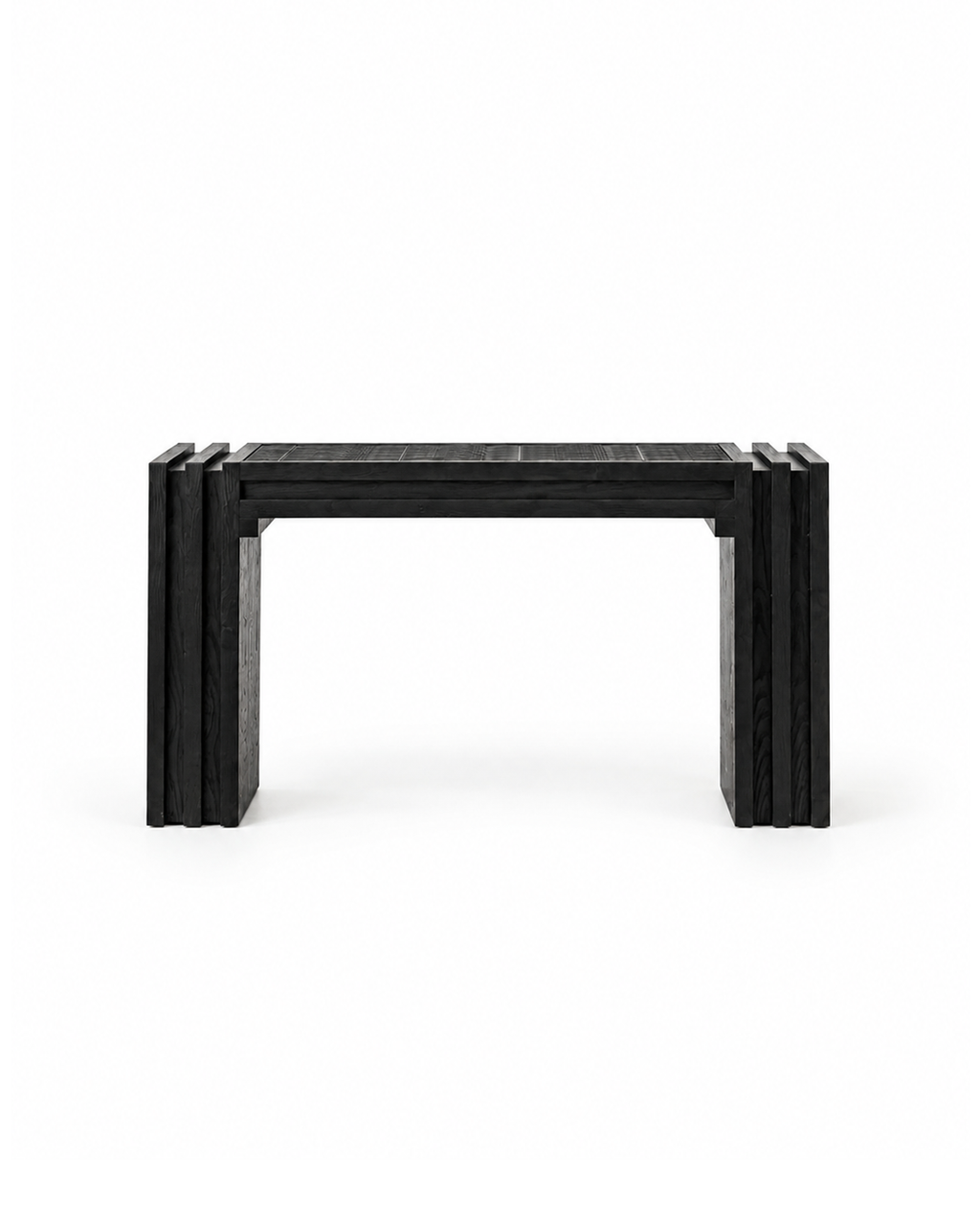 Strata layered solid wood console table with charcoal‑burn dark finish and woven texture panel, sculptural entryway furniture for modern home interior