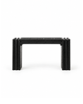 Strata layered solid wood console table with charcoal‑burn dark finish and woven texture panel, sculptural entryway furniture for modern home interior