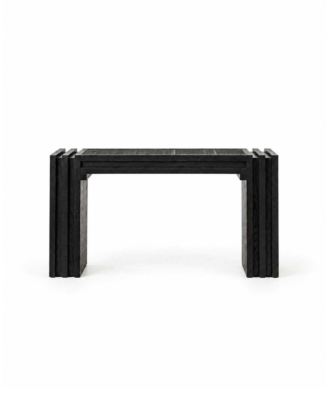 Strata layered solid wood console table with charcoal‑burn dark finish and woven texture panel, sculptural entryway furniture for modern home interior