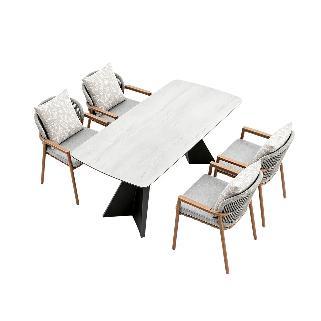 Dining table with four chairs , Teak Weave &amp; Black Glass」Luxury Outdoor Dining Set, 1 Dining Table + 4 Dining Chairs, High-End Patio Outdoor Set for Villa &amp; Commercial Spaces