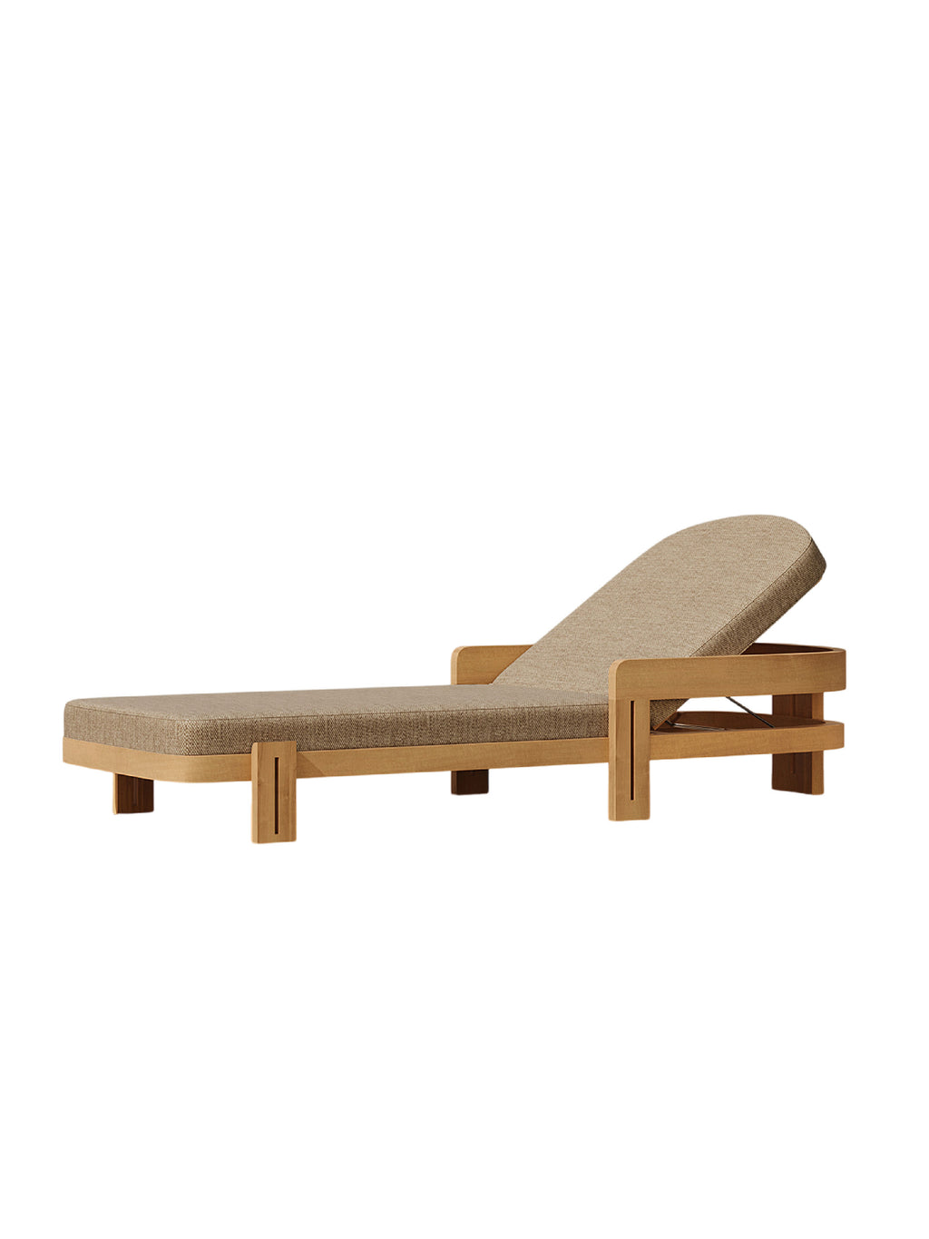 Beige lounge chair with wooden frame ，The Nomad | Minimalist Solid Teak Outdoor Single Sunbed