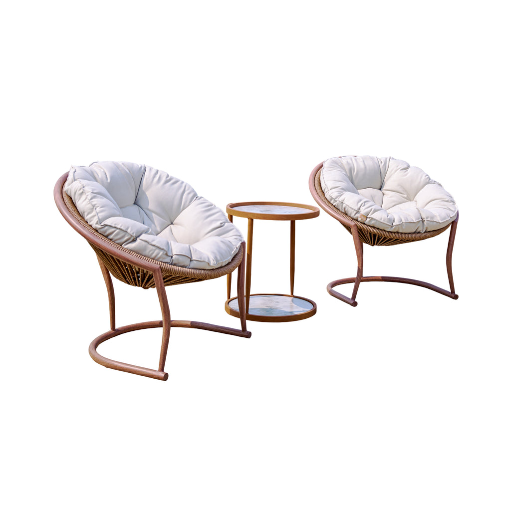 Two wicker chairs with white cushions and a small round table, high-end outdoor furniture, China high-end furniture industry chain, direct from China factory, premium commercial outdoor furniture, luxury outdoor furniture brand, China premium furniture manufacturer, hotel rooftop lounge furniture supplier, custom cafe terrace furniture, designer outdoor lounge set, high-end patio furniture direct, contract grade outdoor furniture China
