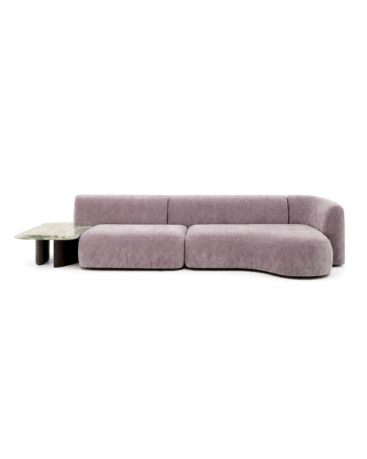 Make a sculptural statement with the Wisteria Sofa. Features flowing rounded contours, light‑responsive grey‑purple imported fabric upholstery and integrated marble side table, ideal for luxury modern living spaces