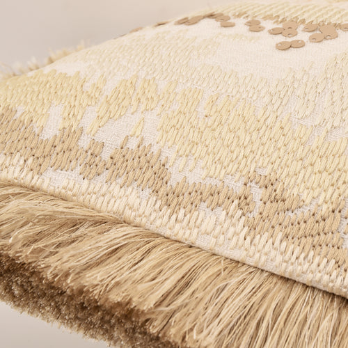 Beige Abstract Pattern Embroidered Fringe Lumbar Pillow Decorative Waist Cushion