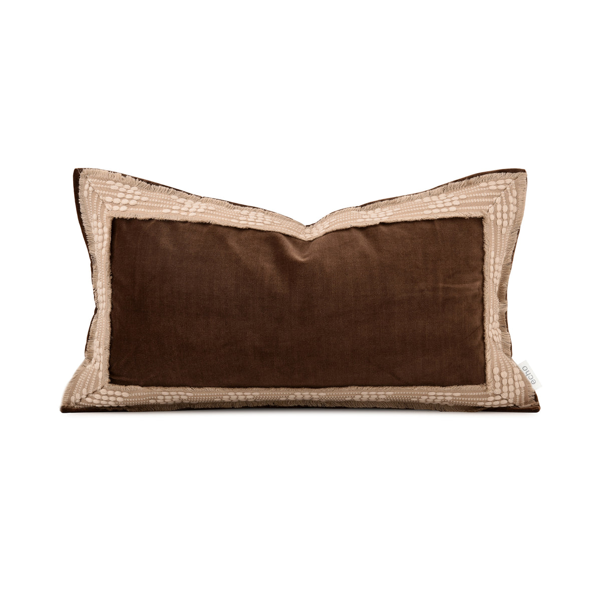 A rectangular lumbar throw pillow with a dark brown velvet center panel and a textured beige border, shown against a plain white background.