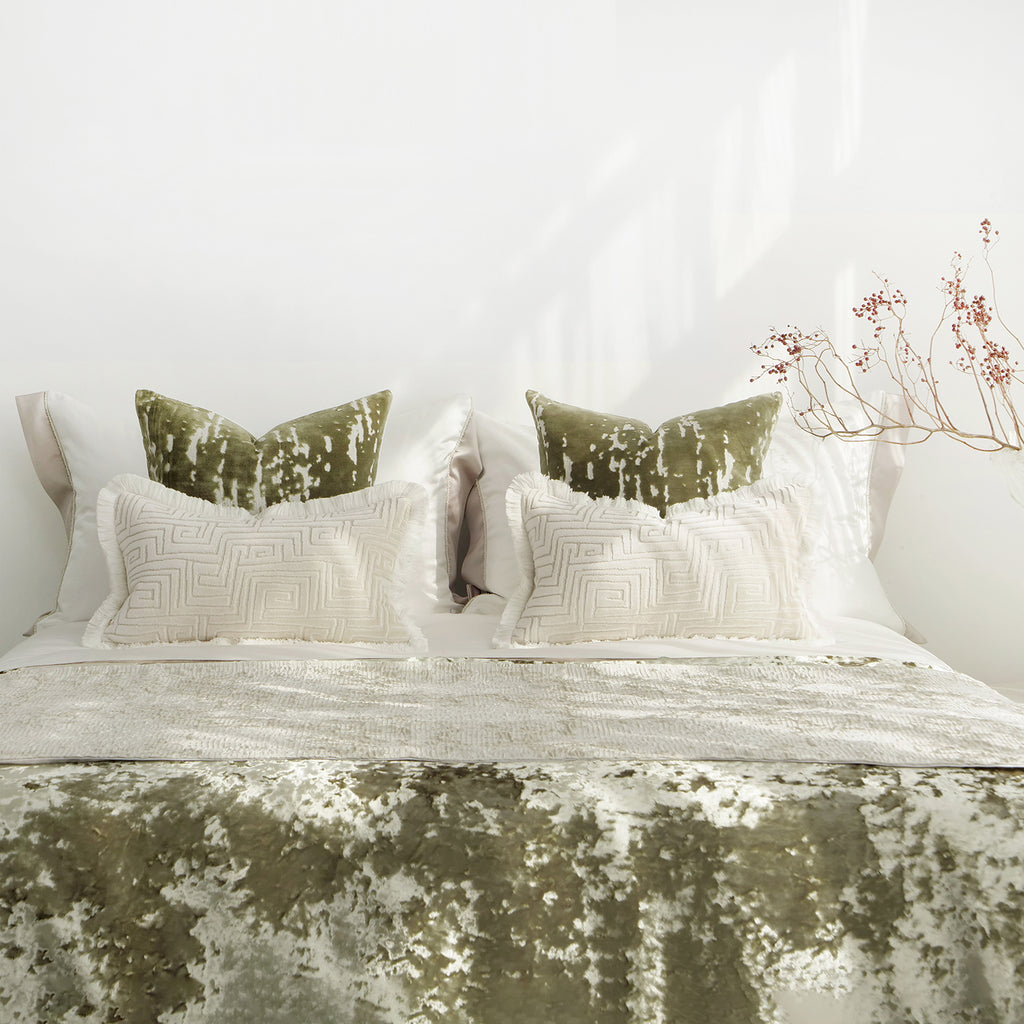 Beige White Greek Key Cut Velvet Decorative Lumbar Waist Pillow