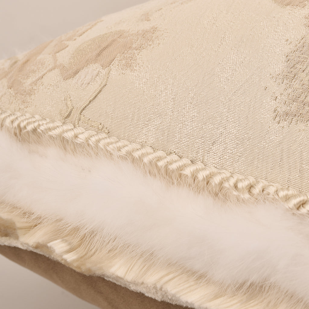 Beige Floral Jacquard Feather Decorative Lumbar Pillow Elegant Waist Cushion