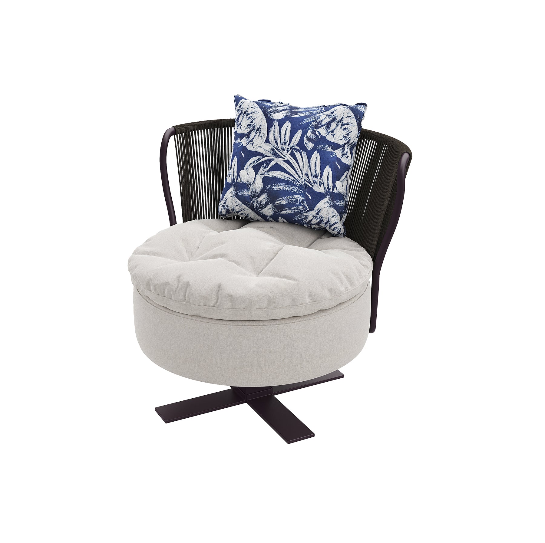 Amethyst Pearl outdoor swivel lounge chair, purple-pearl finish with woven straps and cushions, luxury patio furniture for hotels and cafes.