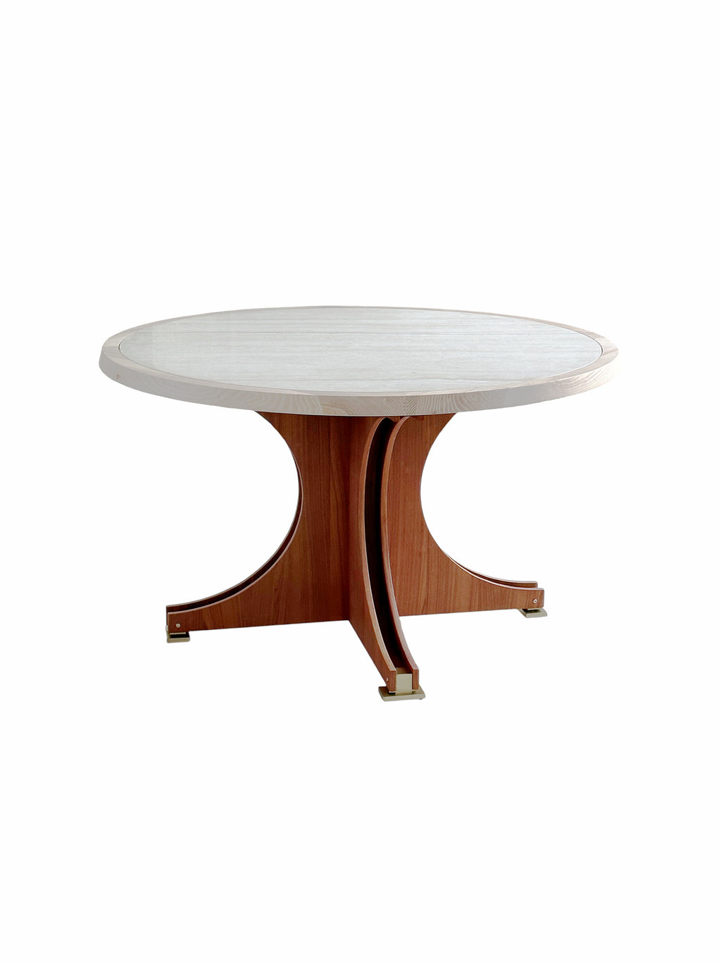 Babeta round dining table with natural off-white travertine top, sculptural white waxed ash wood base, and metal accents for modern luxury interiors.