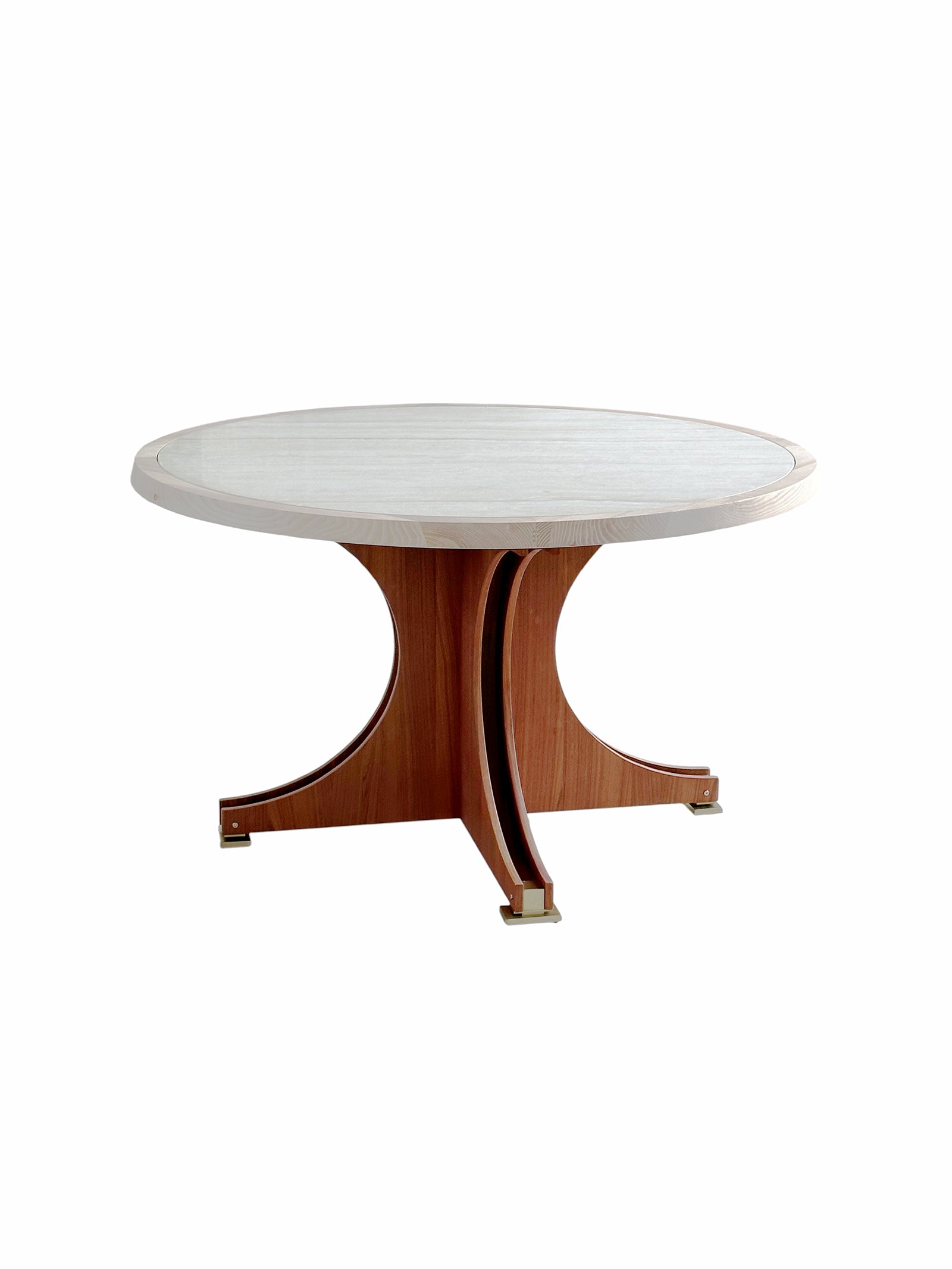 Babeta round dining table with natural off-white travertine top, sculptural white waxed ash wood base, and metal accents for modern luxury interiors.