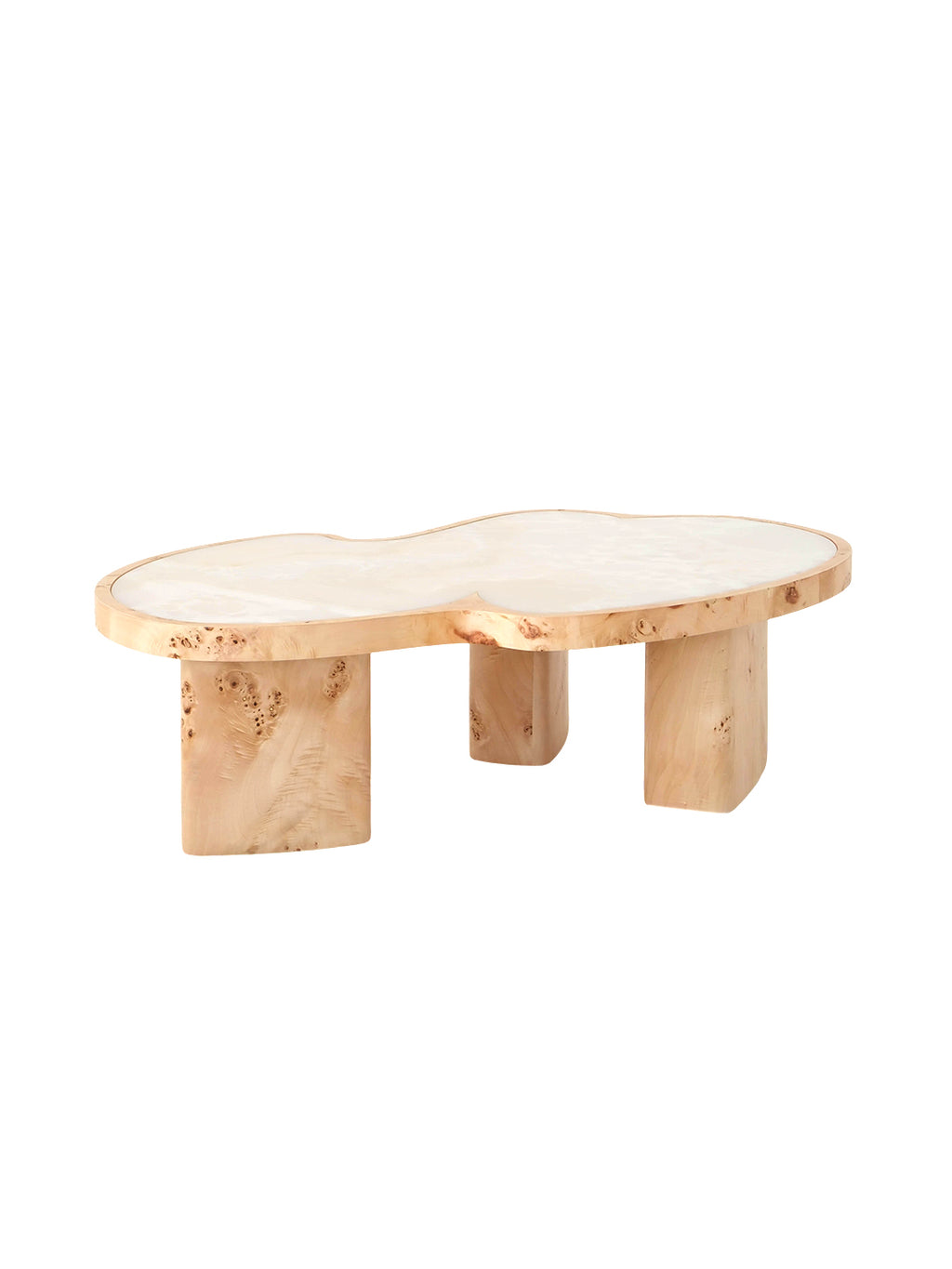 Cloud Timber sculptural coffee table with irregular cloud-shaped top, natural burl stump wood base and embedded translucent jade stone inlay for quiet luxury contemporary living spaces.