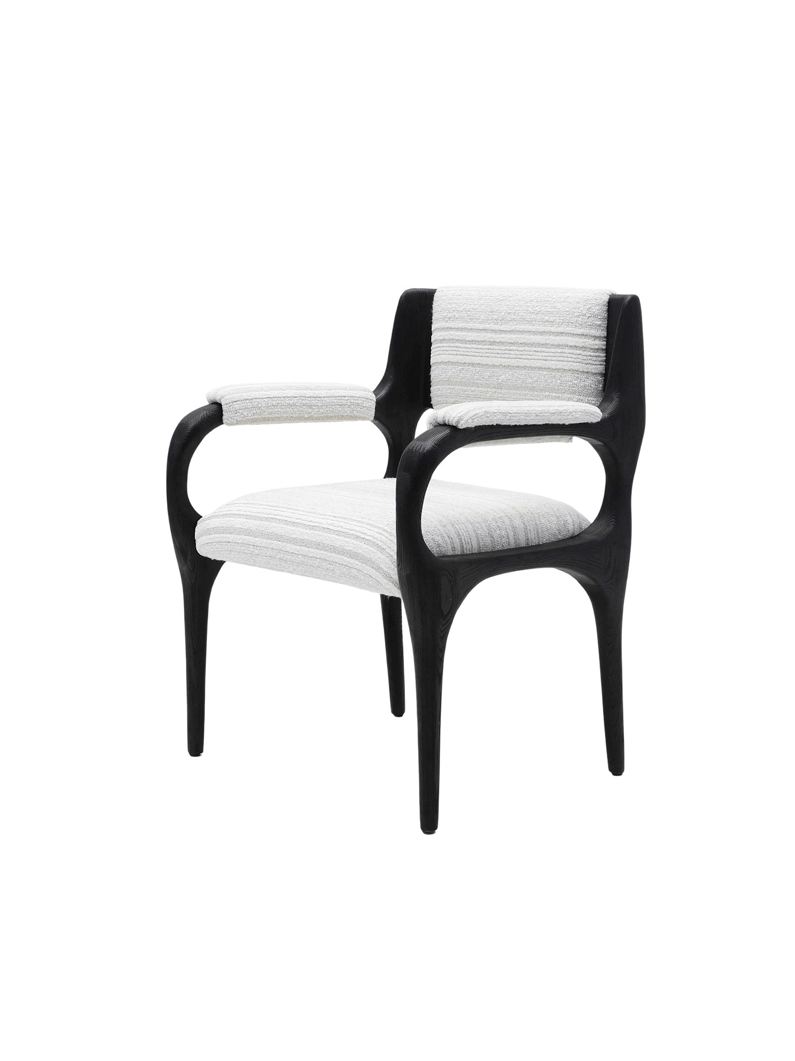 Modern chair with black frame and white cushion,Premium quiet luxury dining armchair with sculptural silhouette, ideal for contemporary dining rooms and boutique hotel spaces.
