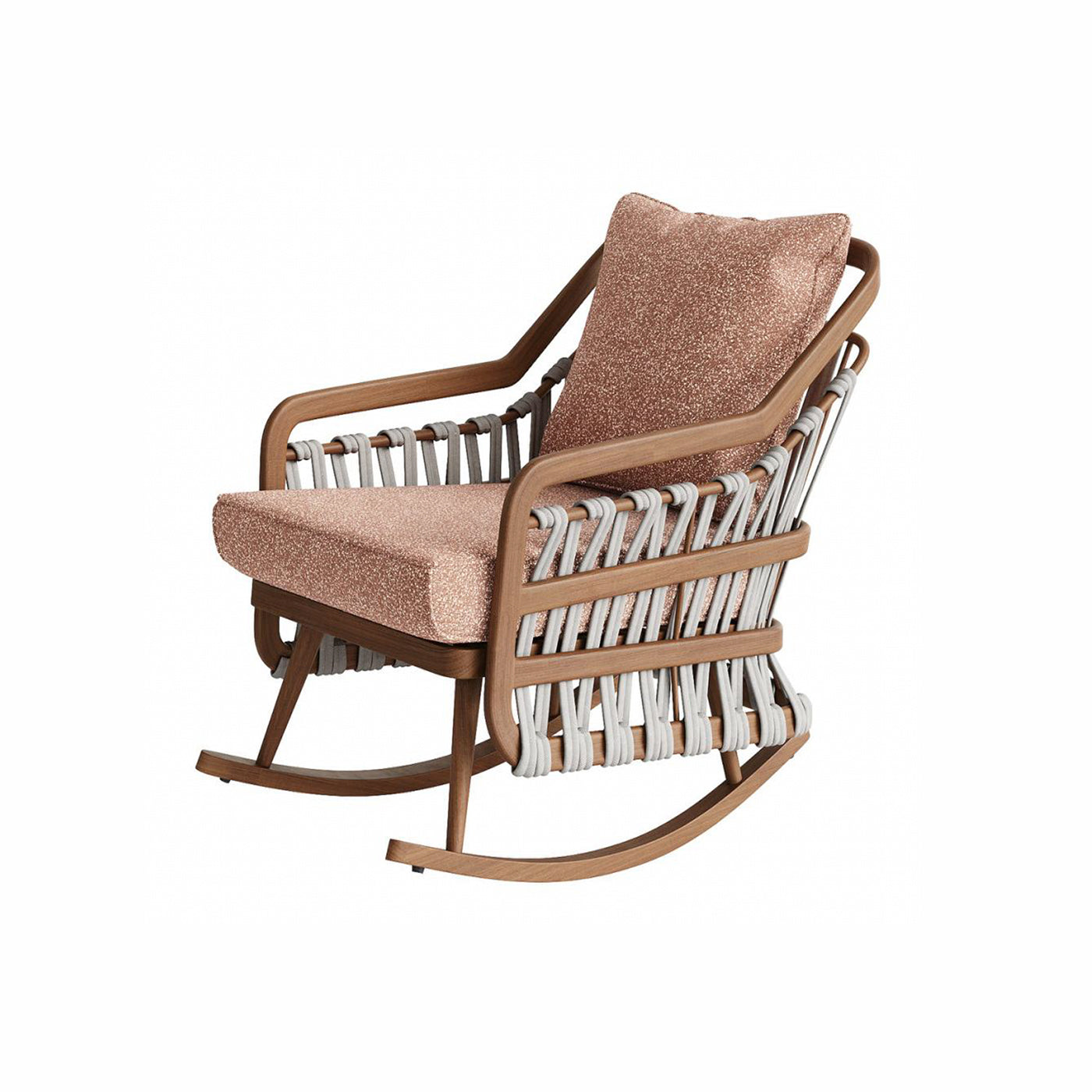 Cypress Breeze outdoor rocking lounge chair, cypress wood finish with woven straps and cushions, luxury patio furniture for villas and hotels.
