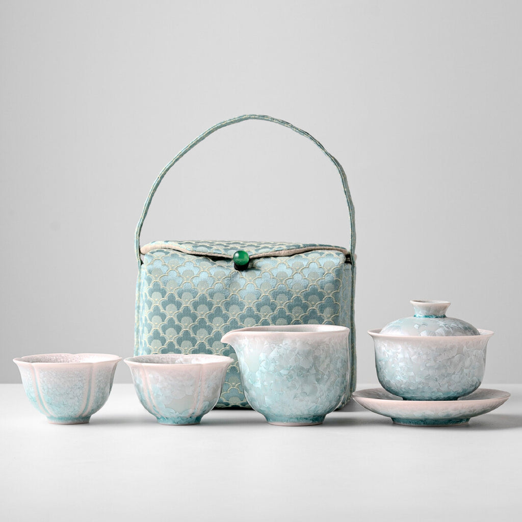 「Verdant Grass」Ceramic Yuanbao Portable Kung Fu Travel Tea Set for Gifting