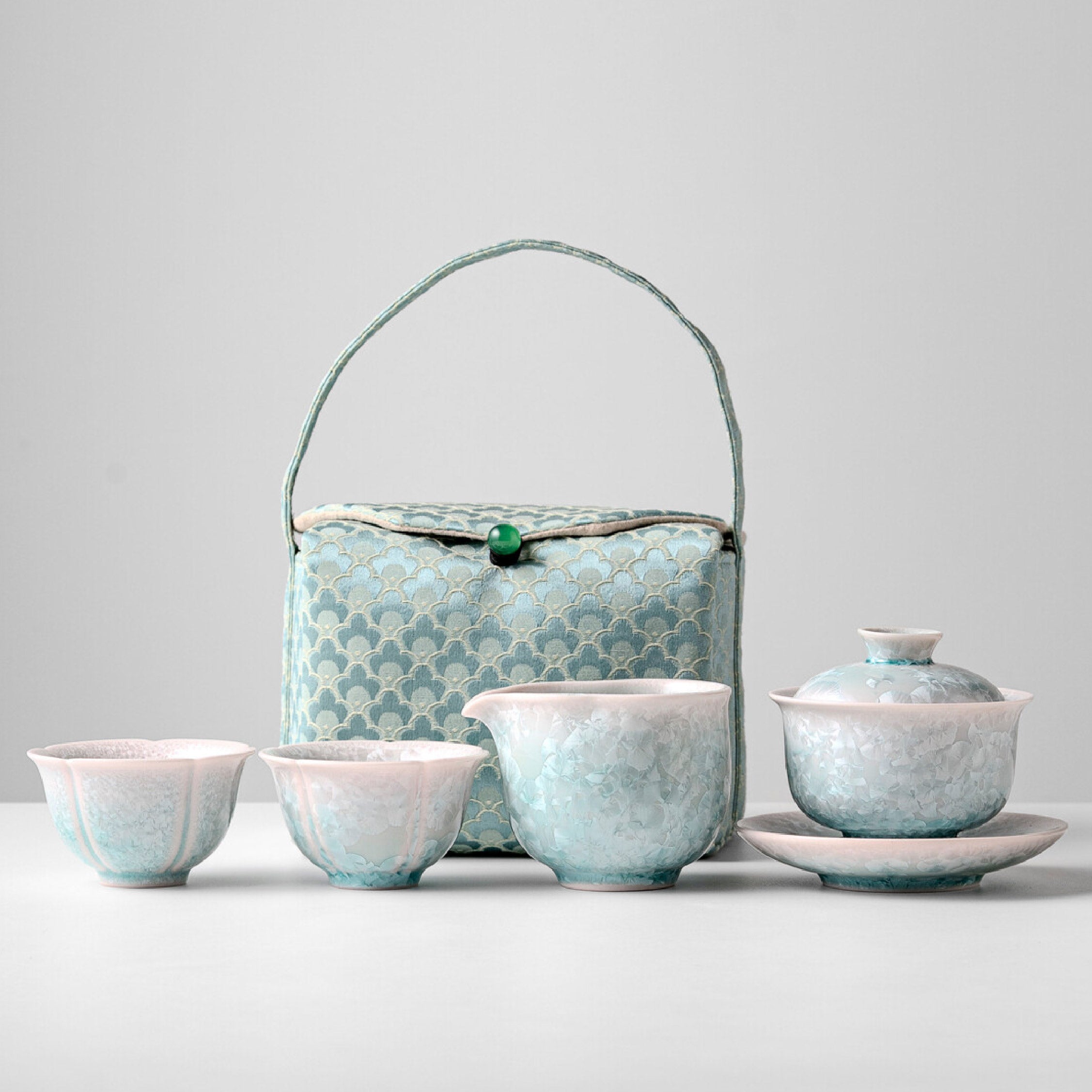 「Verdant Grass」Ceramic Yuanbao Portable Kung Fu Travel Tea Set for Gifting
