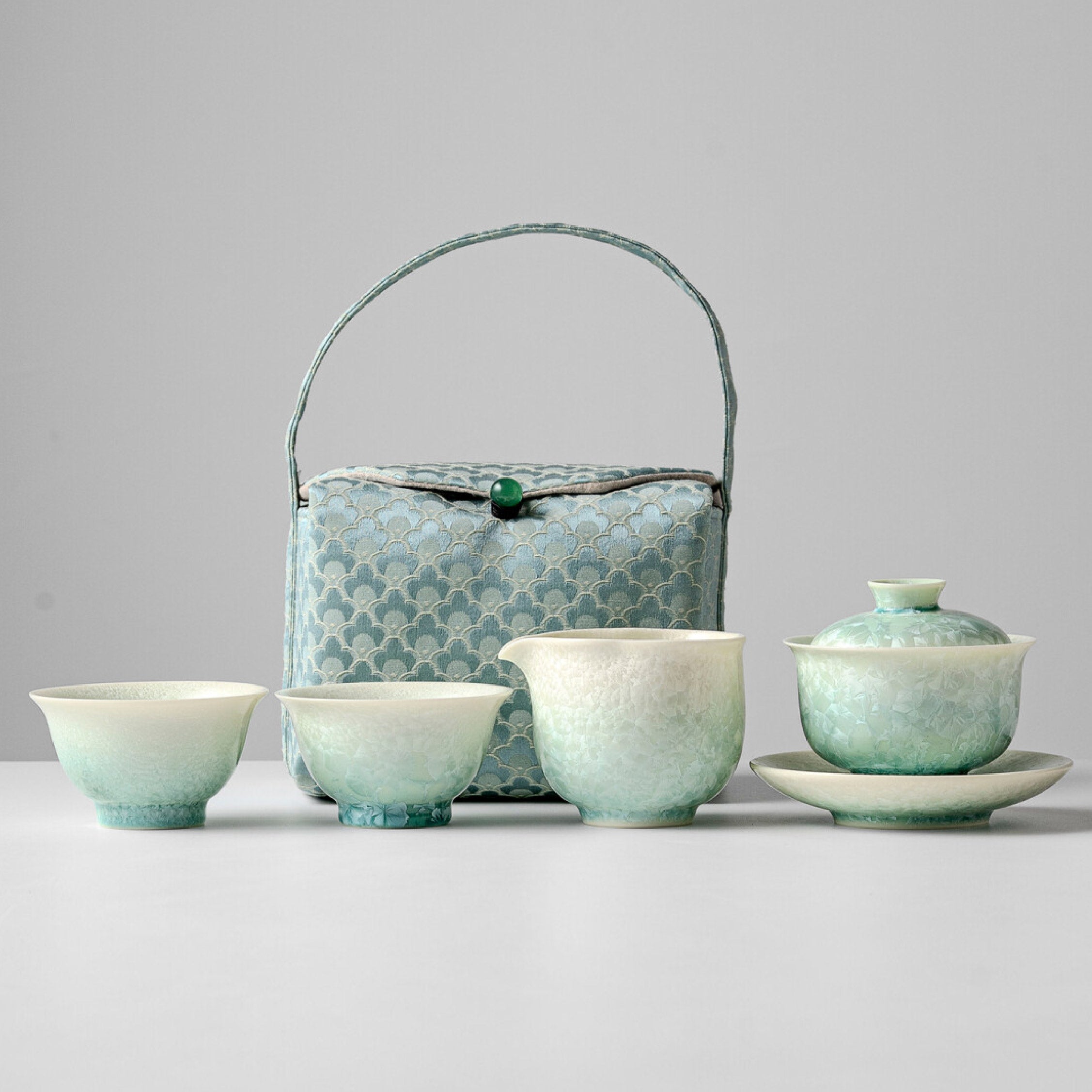 「Gradient Green」Kiln-Fired Crystalline Ice Flower Glaze Portable Kung Fu Tea Set