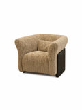 Echo lounge chair with enveloping sculptural silhouette, textured woven upholstery, and contrasting dark wood panel for modern luxury interiors.Premium quiet luxury lounge chair with ergonomic design and warm neutral tones, ideal for contemporary living rooms and boutique hotel spaces.