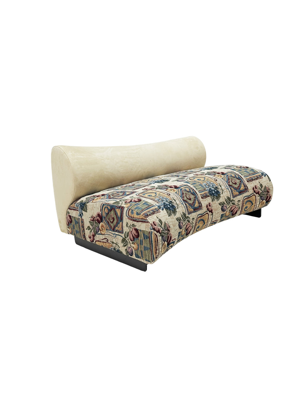 Decorative sofa with patterned seat，Eden Garden curved chaise sofa with vintage floral tapestry upholstery, flowing silhouette, and solid beech wood frame for modern luxury interiors.