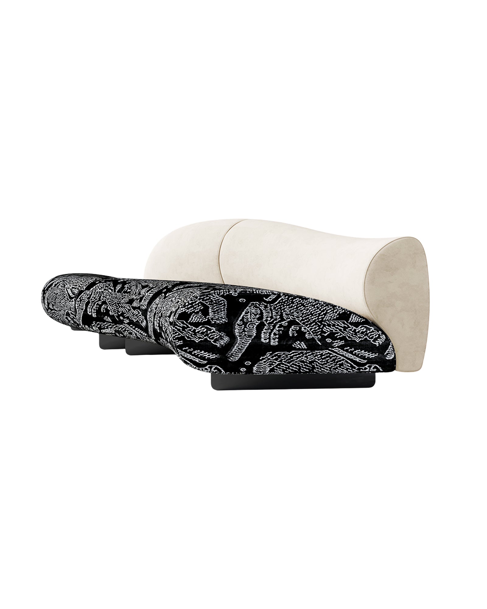 Eden Tiger curved sofa with striking two-tone upholstery, plush velvet backrest, flowing silhouette, and solid beech wood frame for modern luxury interiors.Premium quiet luxury retro-inspired sofa with bold tiger pattern and soft velvet comfort, ideal for contemporary living rooms and boutique hotel spaces.