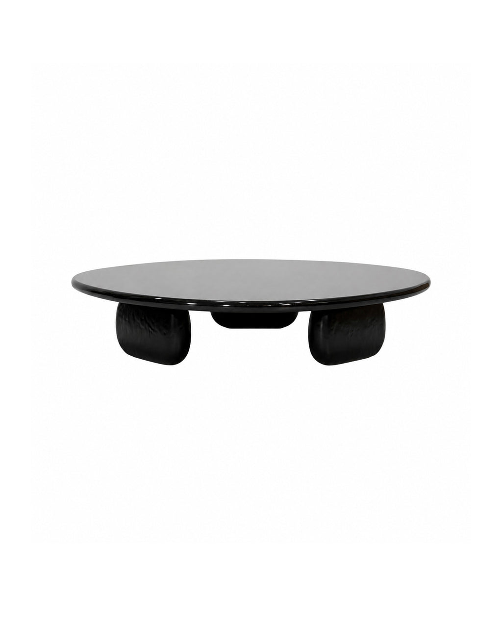 A modern low round coffee table with a glossy black top and sculptural cylindrical legs, Far Shores low-profile organic coffee table, natural burl wood veneer with glossy black sealed lacquer, hand-carved tree stump bases, soft rounded outline for dark retro and quiet luxury contemporary living interiors.