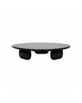 A modern low round coffee table with a glossy black top and sculptural cylindrical legs, Far Shores low-profile organic coffee table, natural burl wood veneer with glossy black sealed lacquer, hand-carved tree stump bases, soft rounded outline for dark retro and quiet luxury contemporary living interiors.