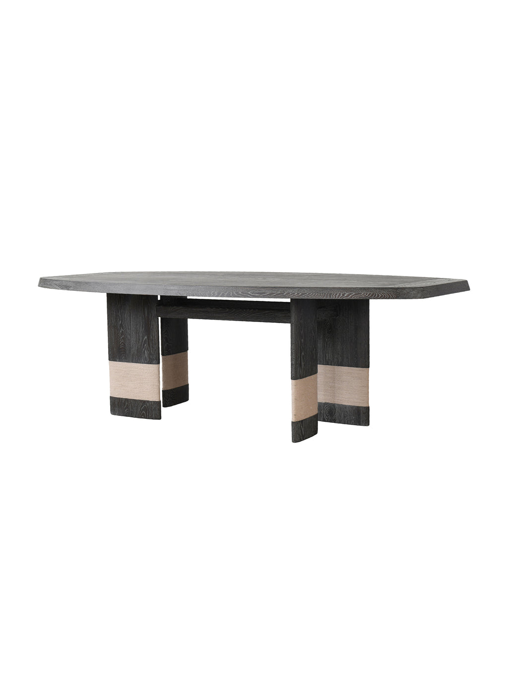 Modern dining table with a dark wood finish,Premium quiet luxury dining/entryway table with smoked oak and jute details, ideal for spacious contemporary dining rooms and grand entryways.