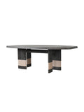 Modern dining table with a dark wood finish,Premium quiet luxury dining/entryway table with smoked oak and jute details, ideal for spacious contemporary dining rooms and grand entryways.