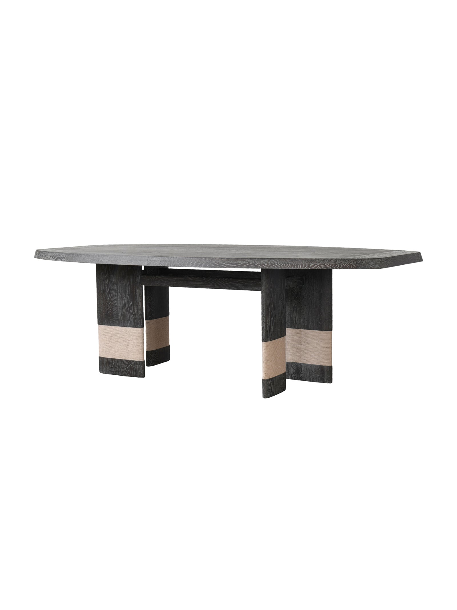 Modern dining table with a dark wood finish,Premium quiet luxury dining/entryway table with smoked oak and jute details, ideal for spacious contemporary dining rooms and grand entryways.