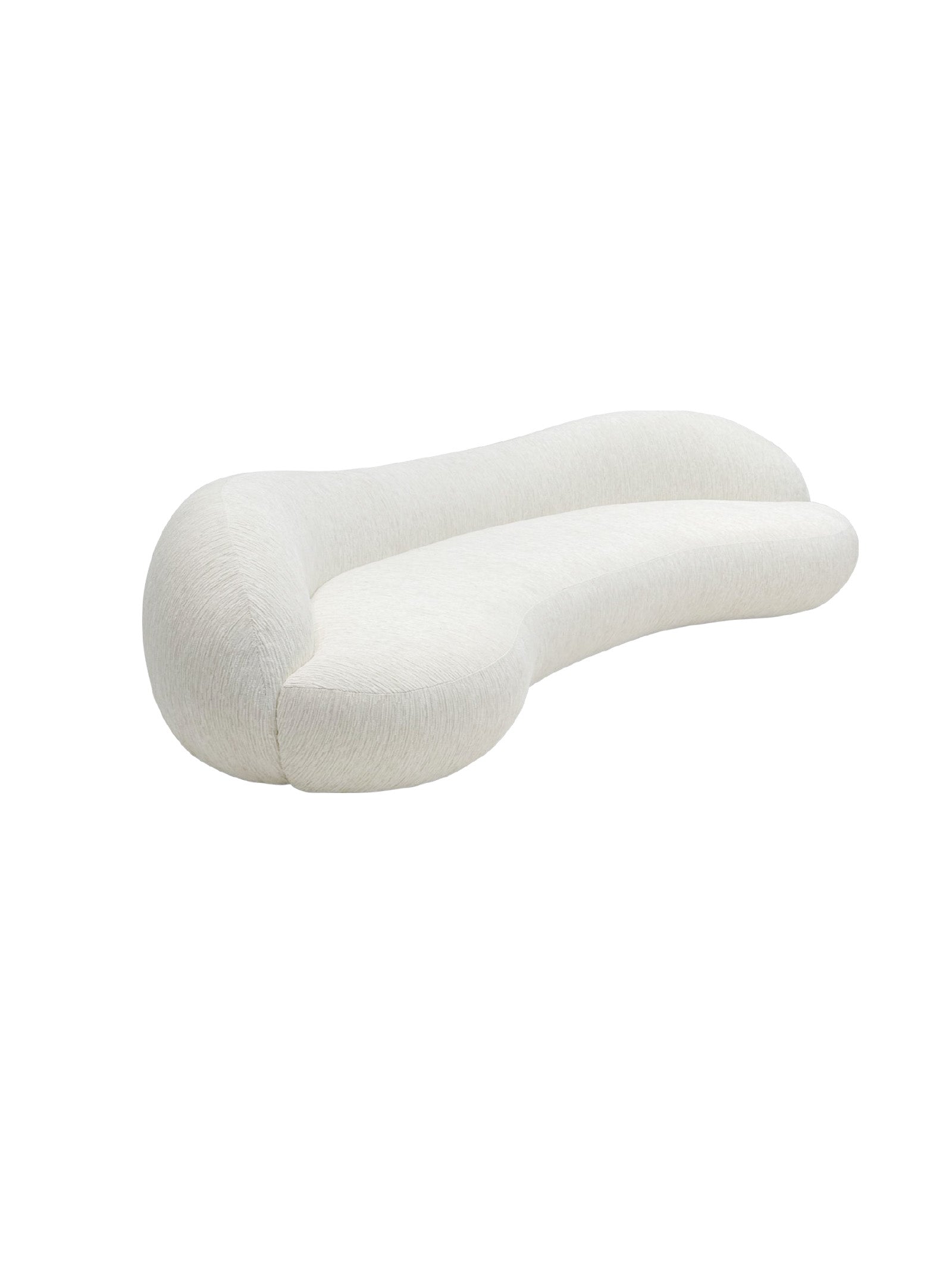 White, wavy-patterned cushion,Floating Cotton Organic Modern Curved Cloud Sofa with cloud-inspired flowing silhouette, textured upholstery, and solid beech wood frame for modern luxury interiors.Premium quiet luxury curved cloud sofa with organic form, ideal for contemporary living rooms and boutique hotel spaces.

