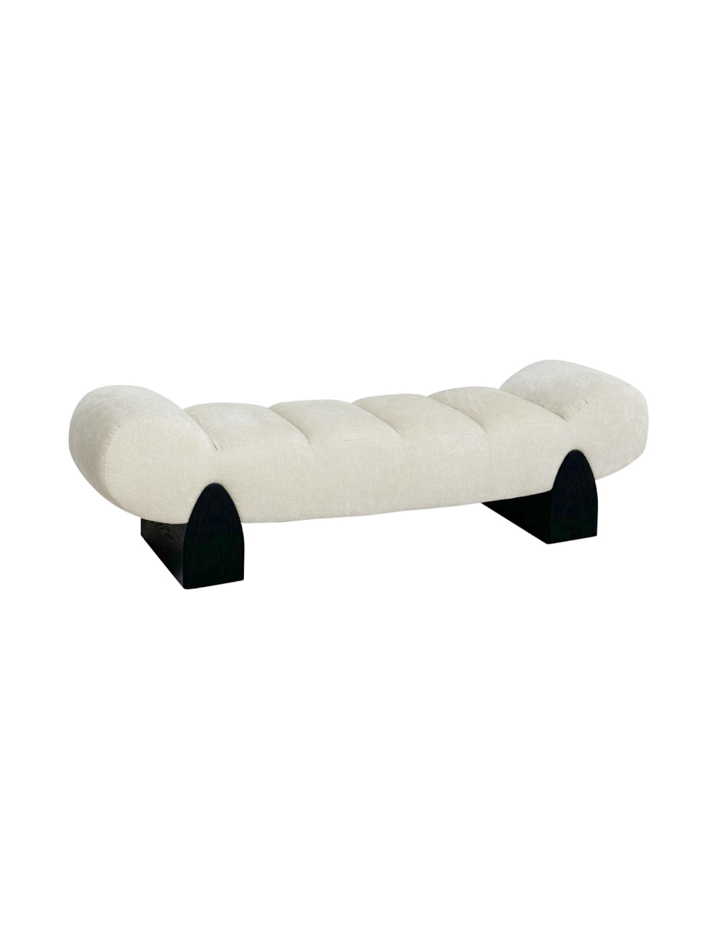 Flowing Cloud tufted bench with soft lamb’s wool upholstery, organic silhouette, and contrasting black ash wood legs for modern luxury interiors.Premium quiet luxury tufted bench, ideal for entryways, living rooms, bedrooms, and boutique hotel spaces.