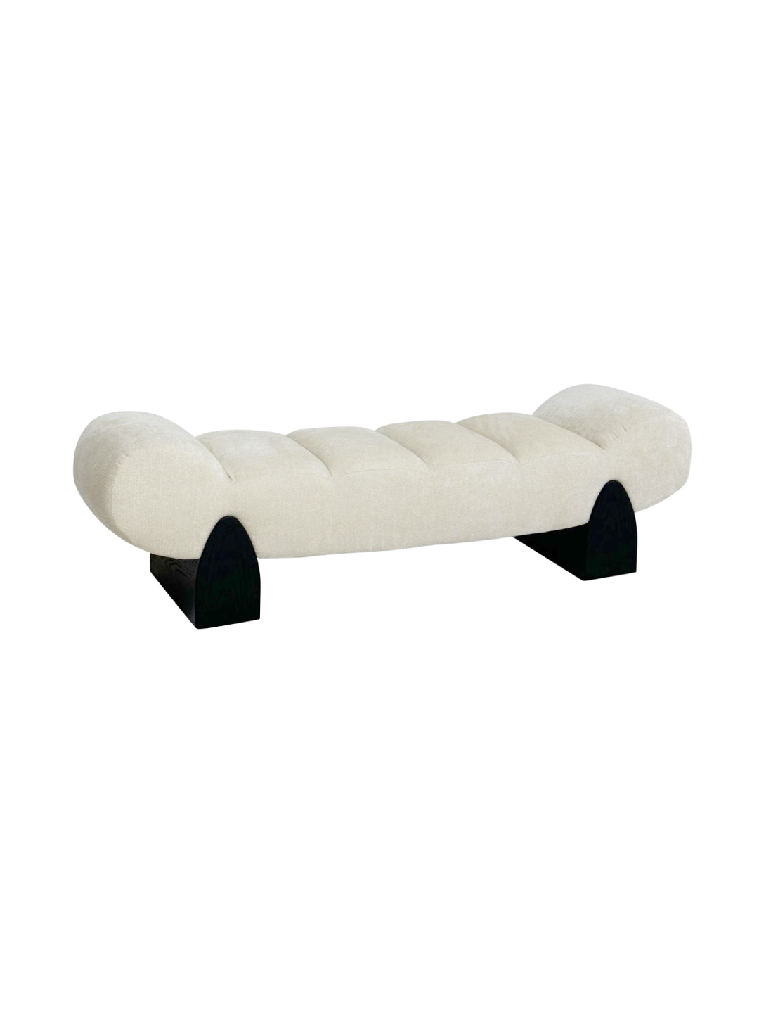 Flowing Cloud tufted bench with soft lamb’s wool upholstery, organic silhouette, and contrasting black ash wood legs for modern luxury interiors.Premium quiet luxury tufted bench, ideal for entryways, living rooms, bedrooms, and boutique hotel spaces.