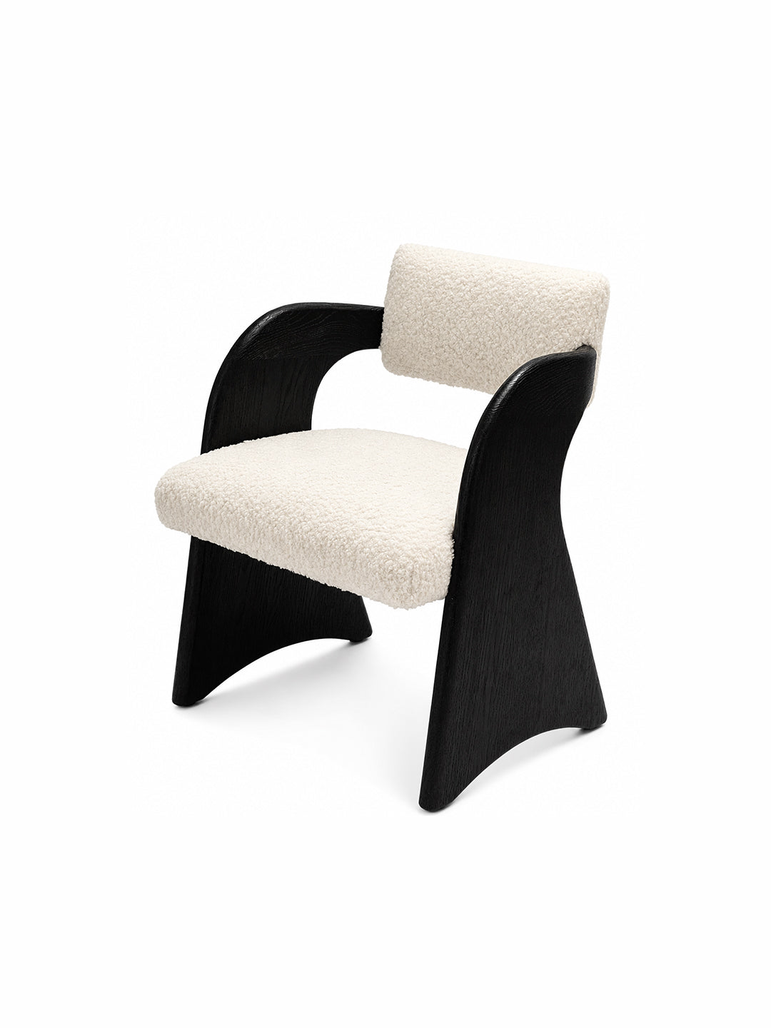 Modern chair with black frame and white cushion on a white background Gull Wing sculptural accent chair with solid red oak frame, deep groove detailing, and plush white cut-velvet upholstery for modern luxury interiors.